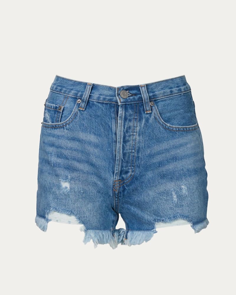 Front of a model wearing a size L Frayed High-Rise Denim Short In Blue in Blue by By Together. | dia_product_style_image_id:354419